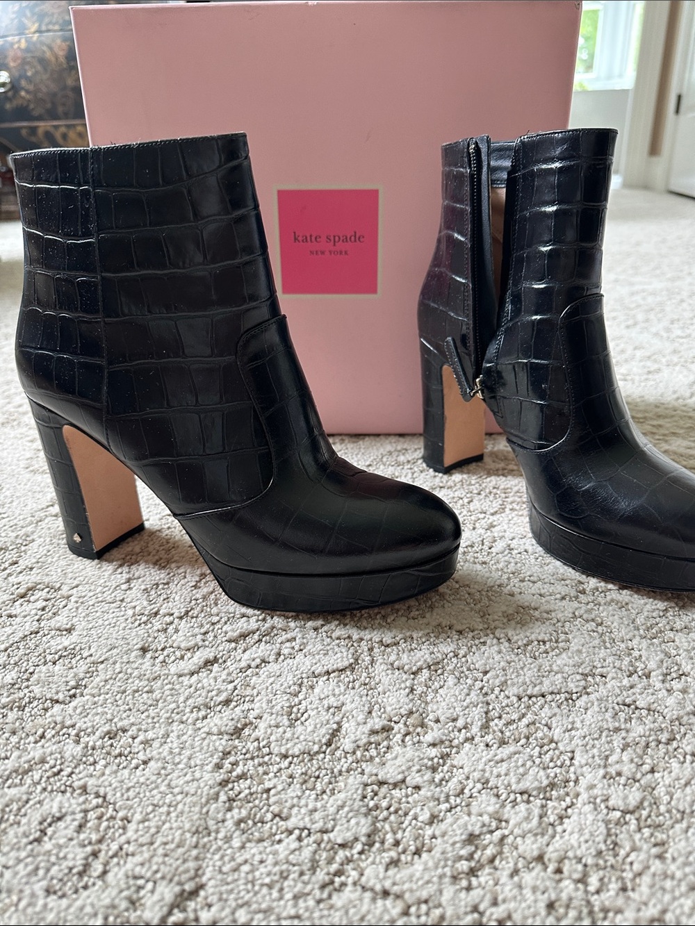 kate spade Black Croc-Embossed Platform Ankle Boots